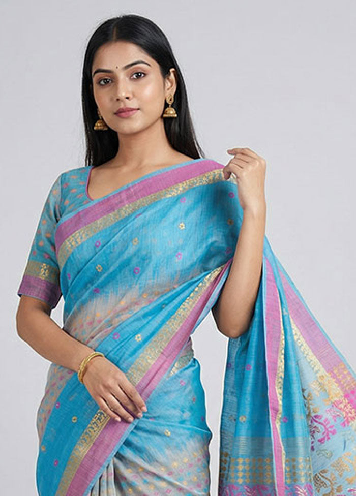 Blue Jamdani Cotton Saree Without Blouse Piece