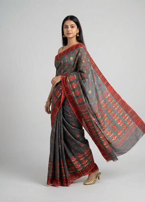 Grey Jamdani Cotton Saree Without Blouse Piece