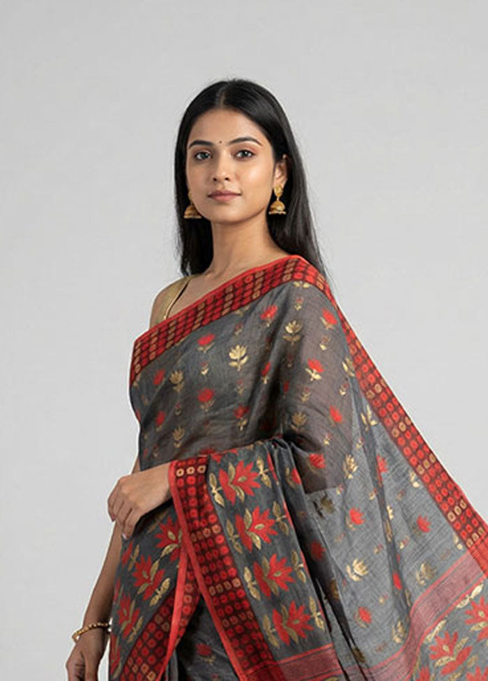 Grey Jamdani Cotton Saree Without Blouse Piece