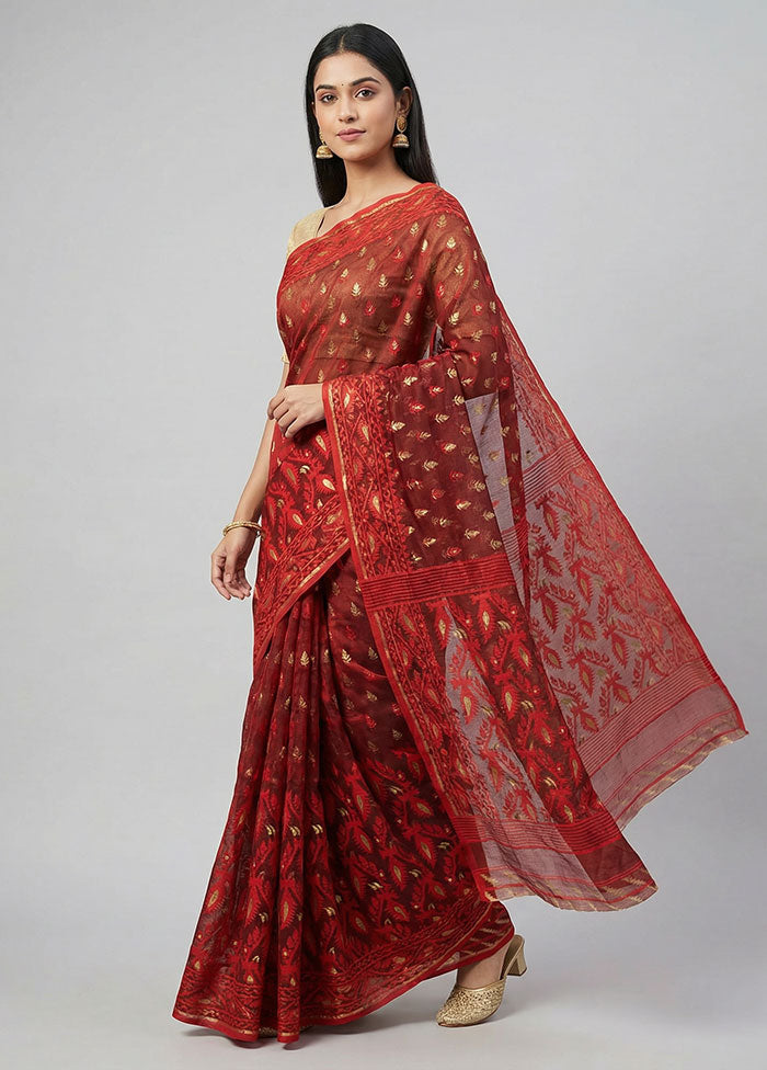 Rust Jamdani Cotton Saree Without Blouse Piece
