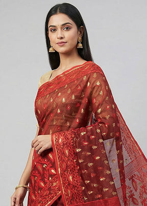 Rust Jamdani Cotton Saree Without Blouse Piece