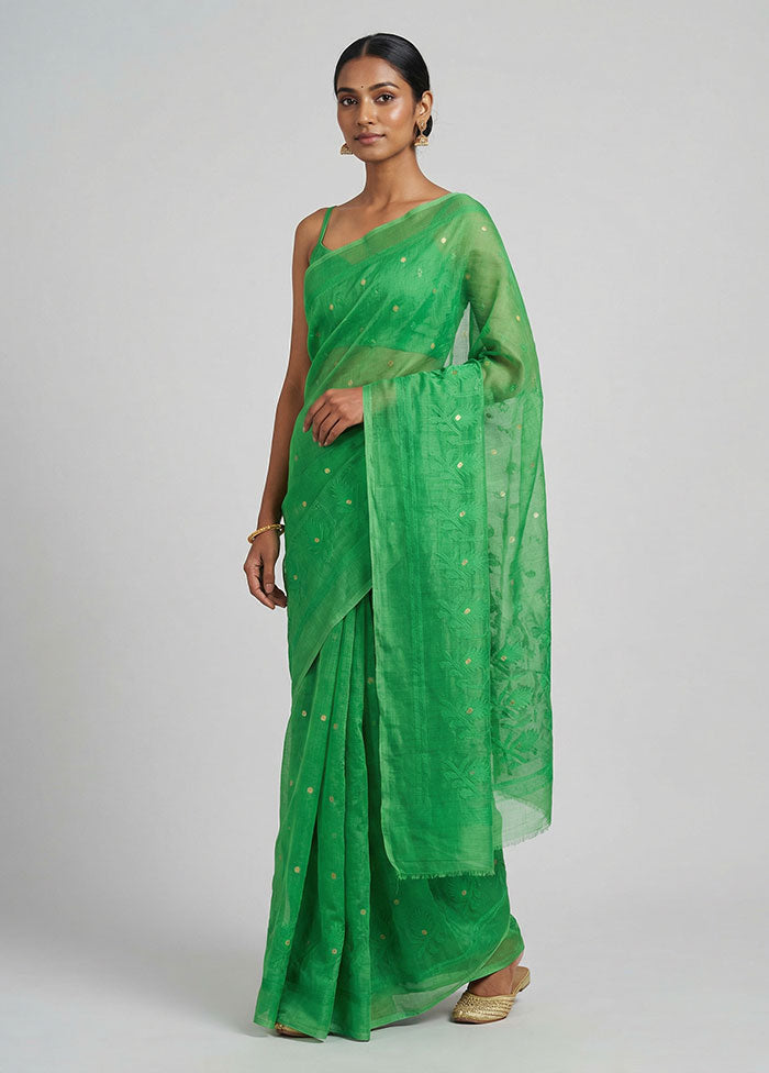 Green Jamdani Cotton Saree Without Blouse Piece