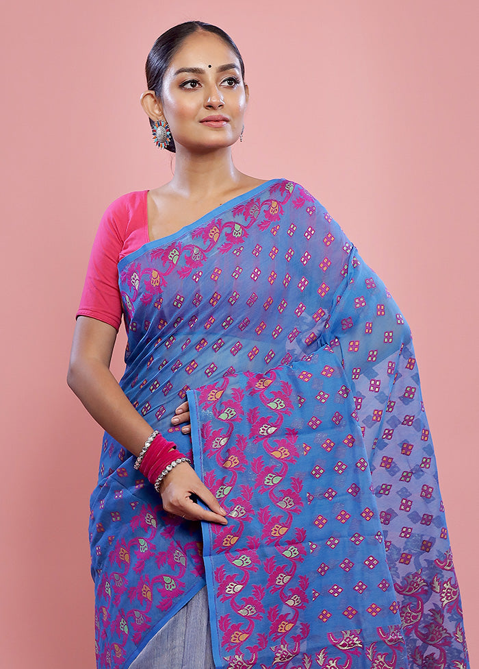 Blue Tant Jamdani Saree Without Blouse Piece