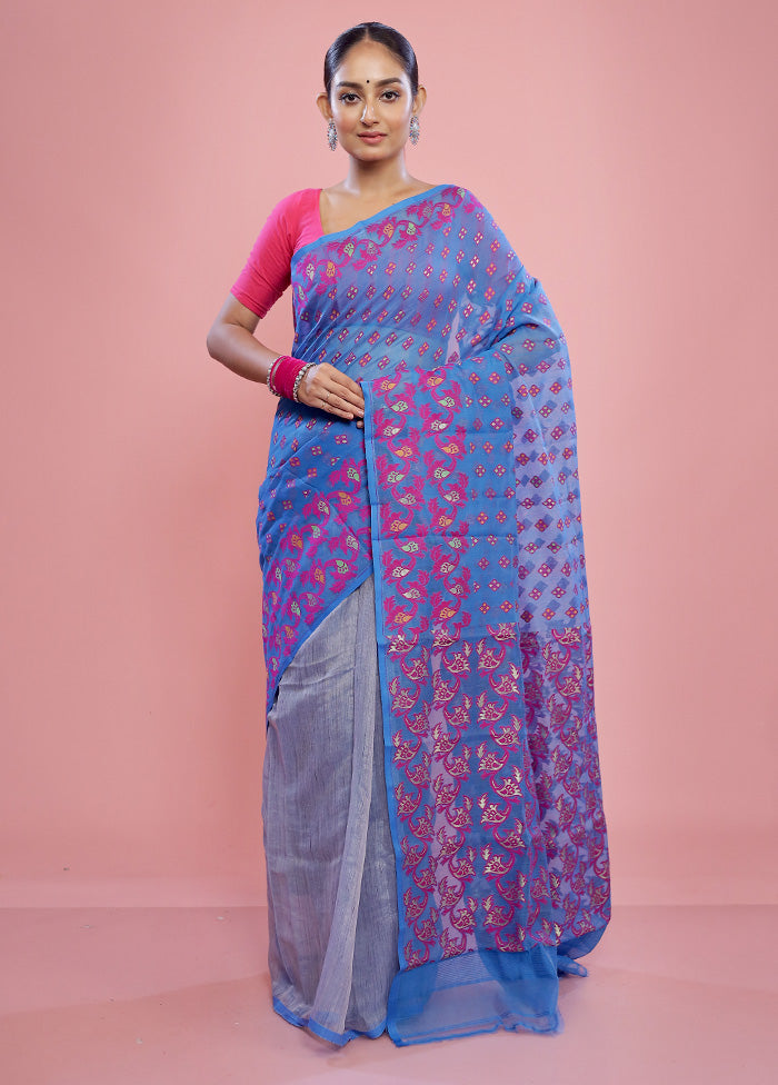 Blue Tant Jamdani Saree Without Blouse Piece