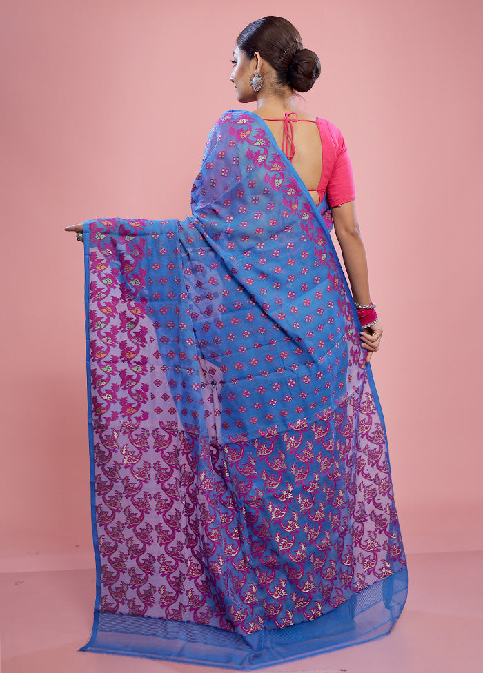 Blue Tant Jamdani Saree Without Blouse Piece