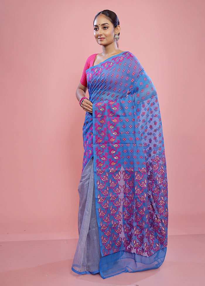 Blue Tant Jamdani Saree Without Blouse Piece