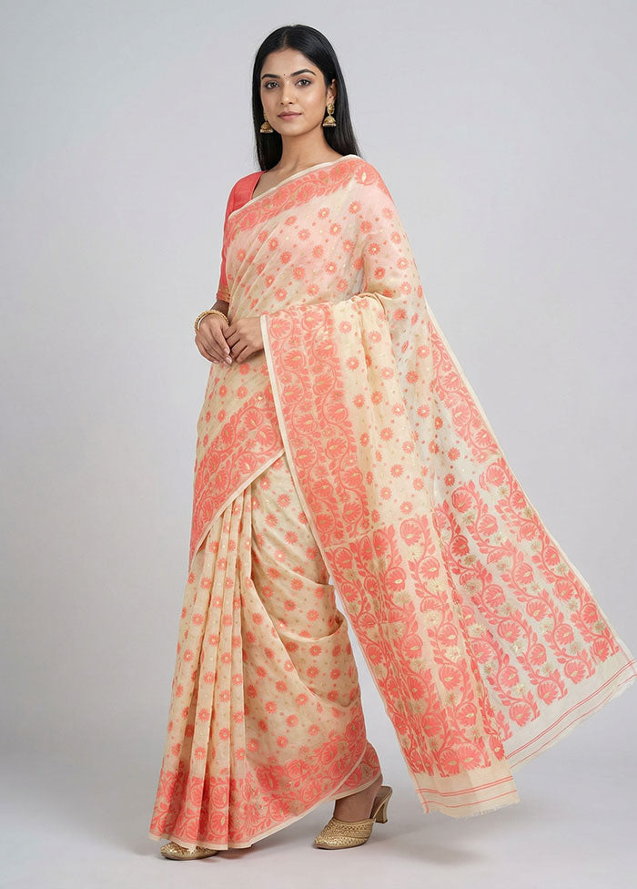 Cream Jamdani Cotton Saree Without Blouse Piece