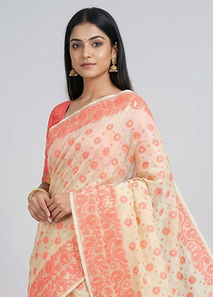 Cream Jamdani Cotton Saree Without Blouse Piece