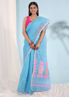 Blue Tant Jamdani Saree Without Blouse Piece