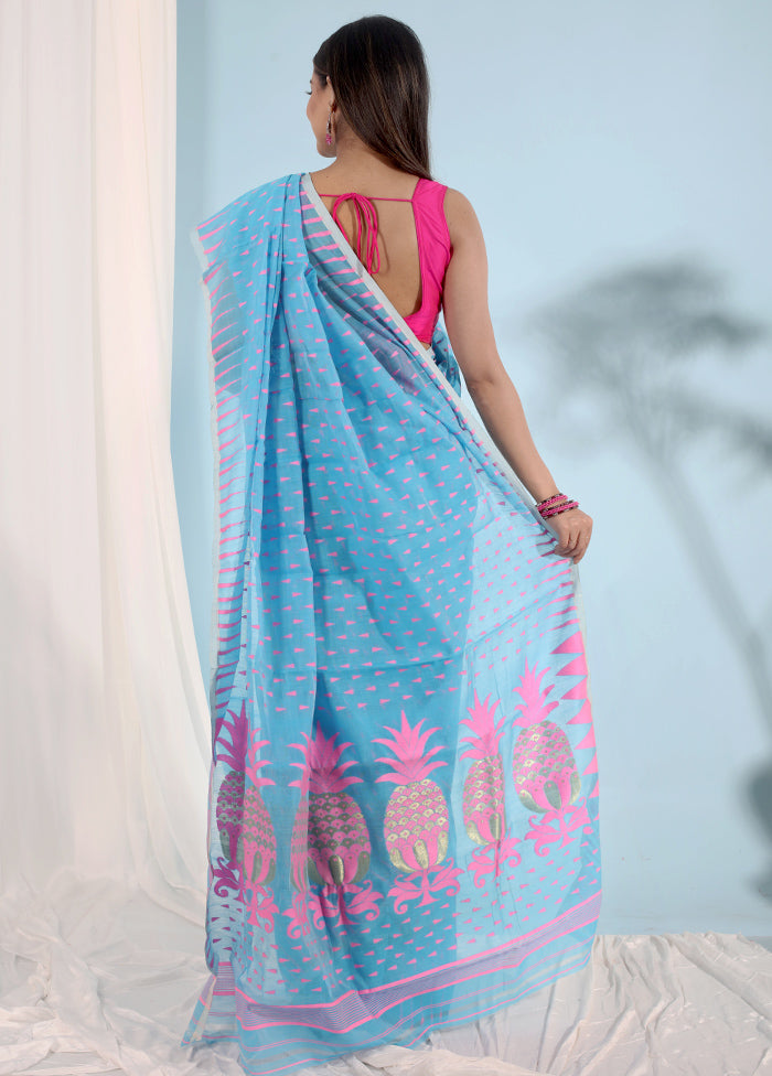 Blue Tant Jamdani Saree Without Blouse Piece