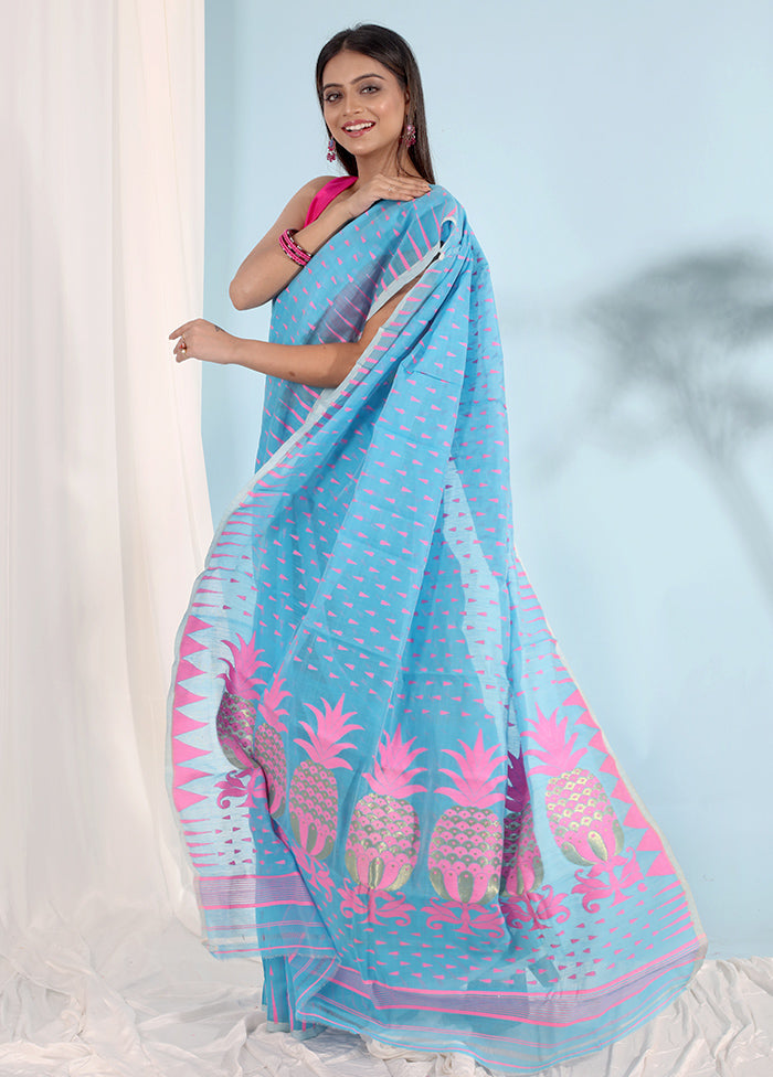 Blue Tant Jamdani Saree Without Blouse Piece