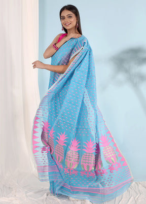 Blue Tant Jamdani Saree Without Blouse Piece
