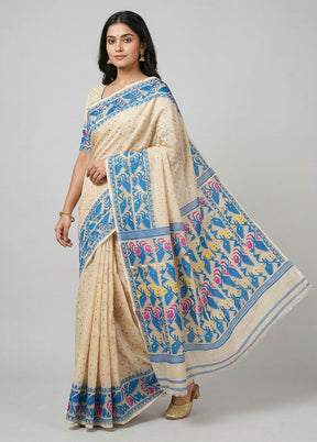 Cream Jamdani Cotton Saree Without Blouse Piece