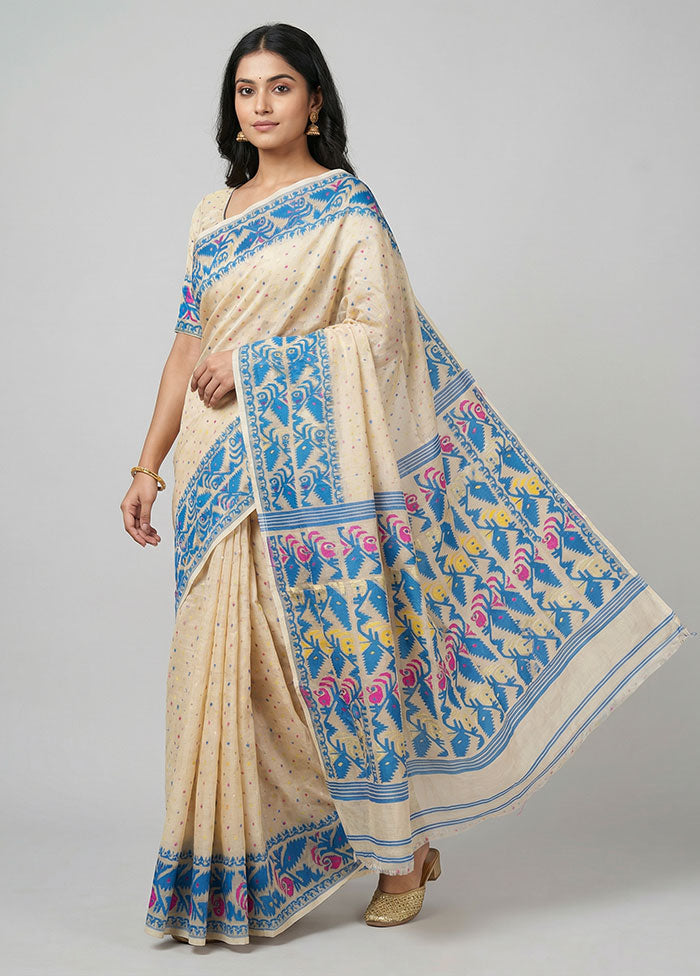 Cream Jamdani Cotton Saree Without Blouse Piece