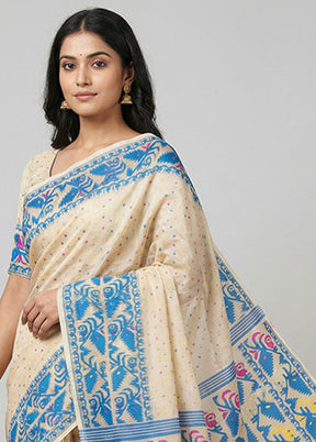 Cream Jamdani Cotton Saree Without Blouse Piece