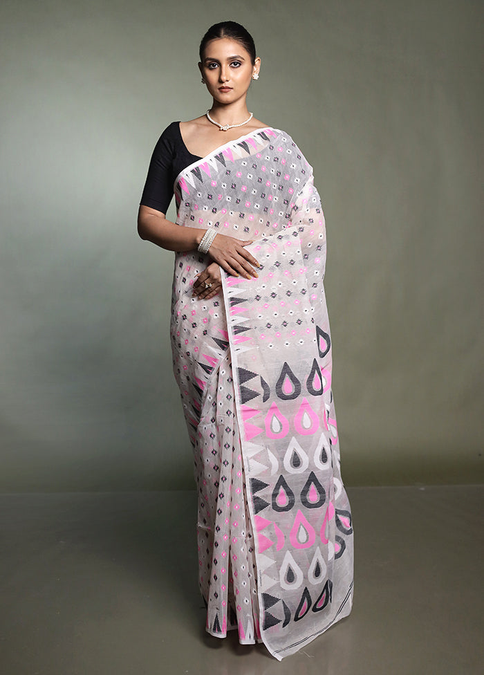 White Tant Jamdani Saree Without Blouse Piece