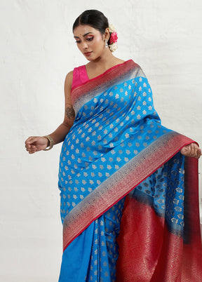 Blue Dupion Silk Saree With Blouse Piece