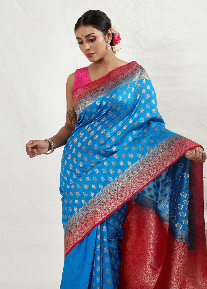 Blue Dupion Silk Saree With Blouse Piece