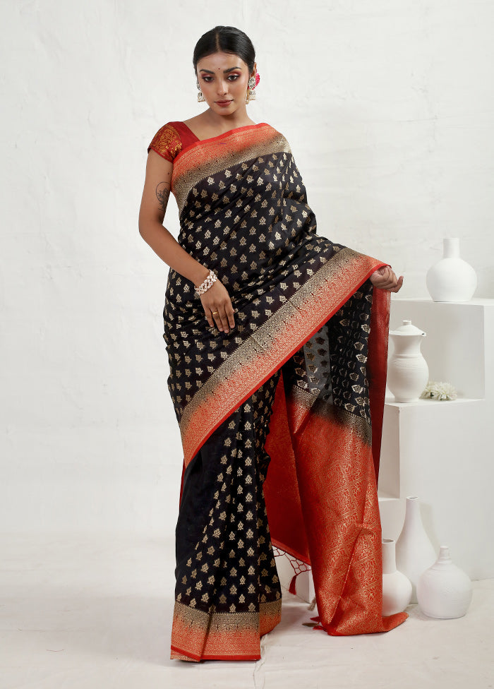 Black Dupion Silk Saree With Blouse Piece - Indian Silk House Agencies