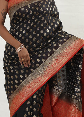 Black Dupion Silk Saree With Blouse Piece - Indian Silk House Agencies