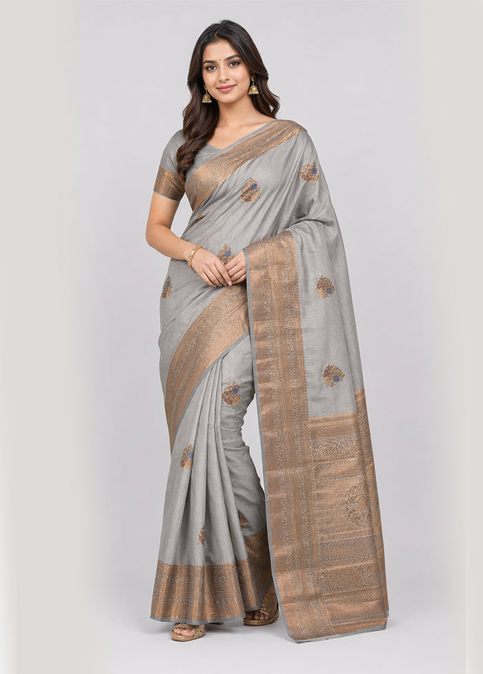 Grey Handloom Dupion Pure Silk Saree With Blouse Piece