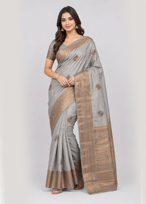 Grey Handloom Dupion Pure Silk Saree With Blouse Piece