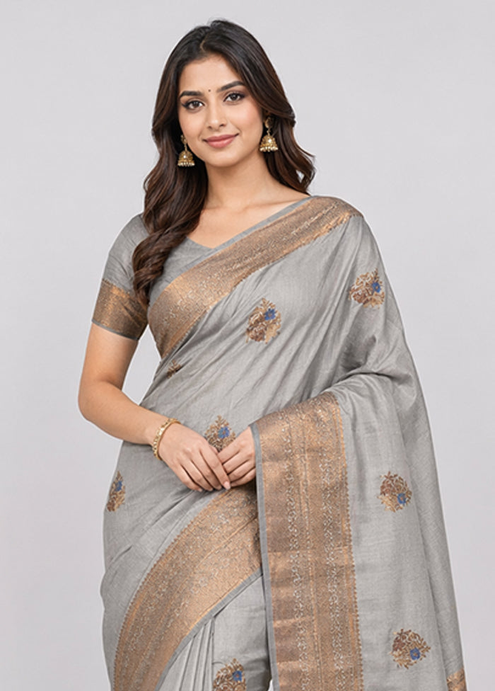 Grey Handloom Dupion Pure Silk Saree With Blouse Piece