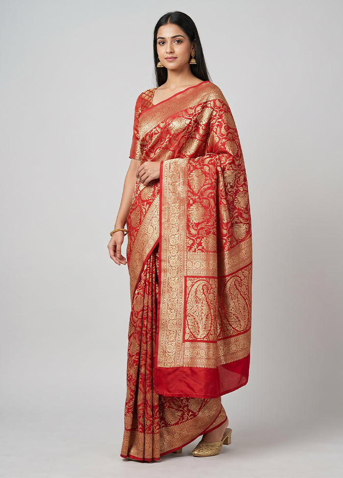 Red Handloom Uppada Pure Silk Saree With Blouse Piece