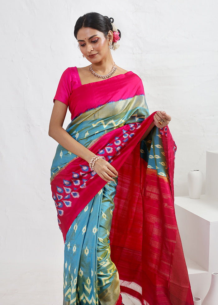 Blue Ikkat Pure Silk Saree With Blouse PieceSaree With Blouse Piece