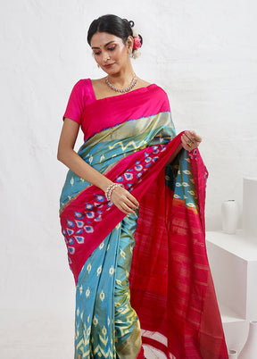 Blue Ikkat Pure Silk Saree With Blouse PieceSaree With Blouse Piece