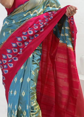 Blue Ikkat Pure Silk Saree With Blouse PieceSaree With Blouse Piece