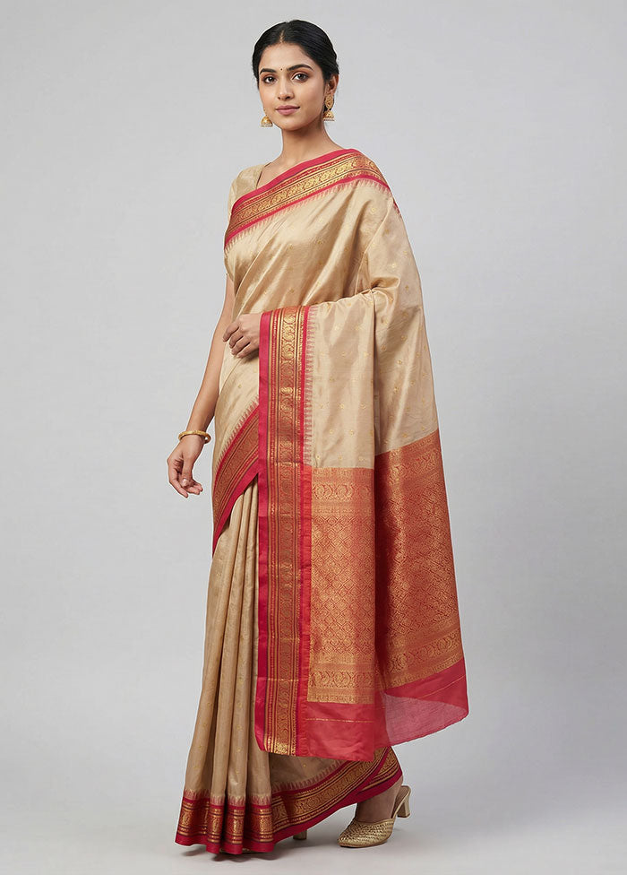 Cream Handloom Kanjivaram Pure Silk Saree With Blouse Piece