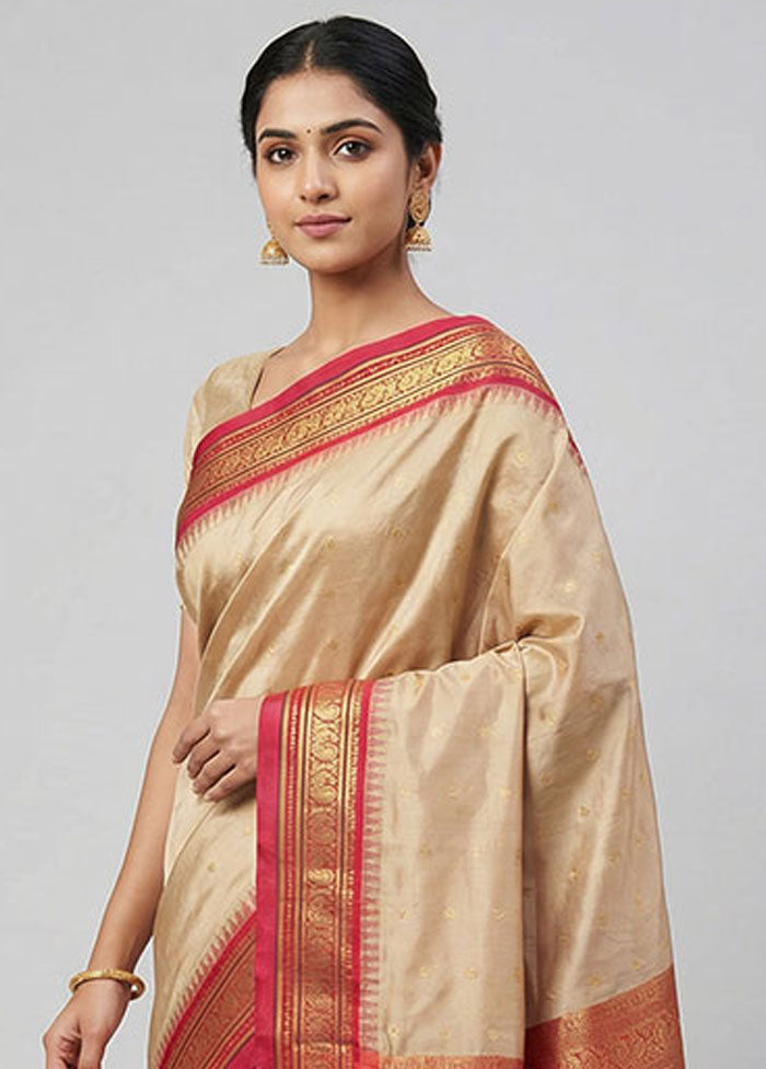 Cream Handloom Kanjivaram Pure Silk Saree With Blouse Piece