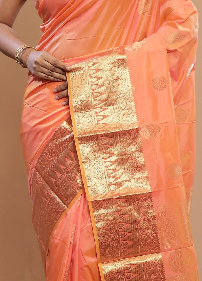 Peach Kanjivaram Silk Saree With Blouse Piece
