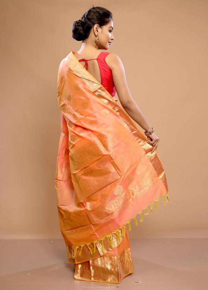 Peach Kanjivaram Silk Saree With Blouse Piece