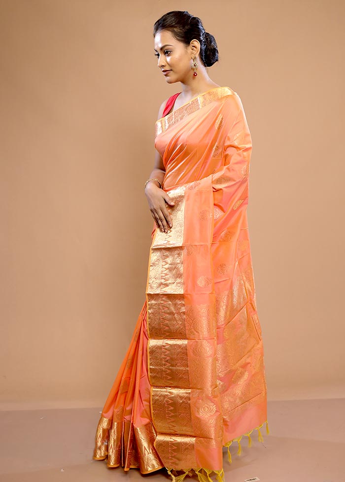 Peach Kanjivaram Silk Saree With Blouse Piece