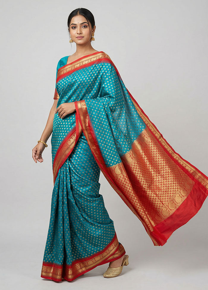 Blue Handloom Kanchipuram Pure Silk Saree With Blouse Piece