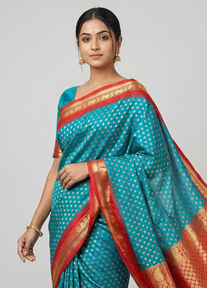 Blue Handloom Kanchipuram Pure Silk Saree With Blouse Piece