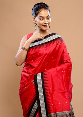 Red Handloom Bomkai Pure Silk Saree With Blouse Piece
