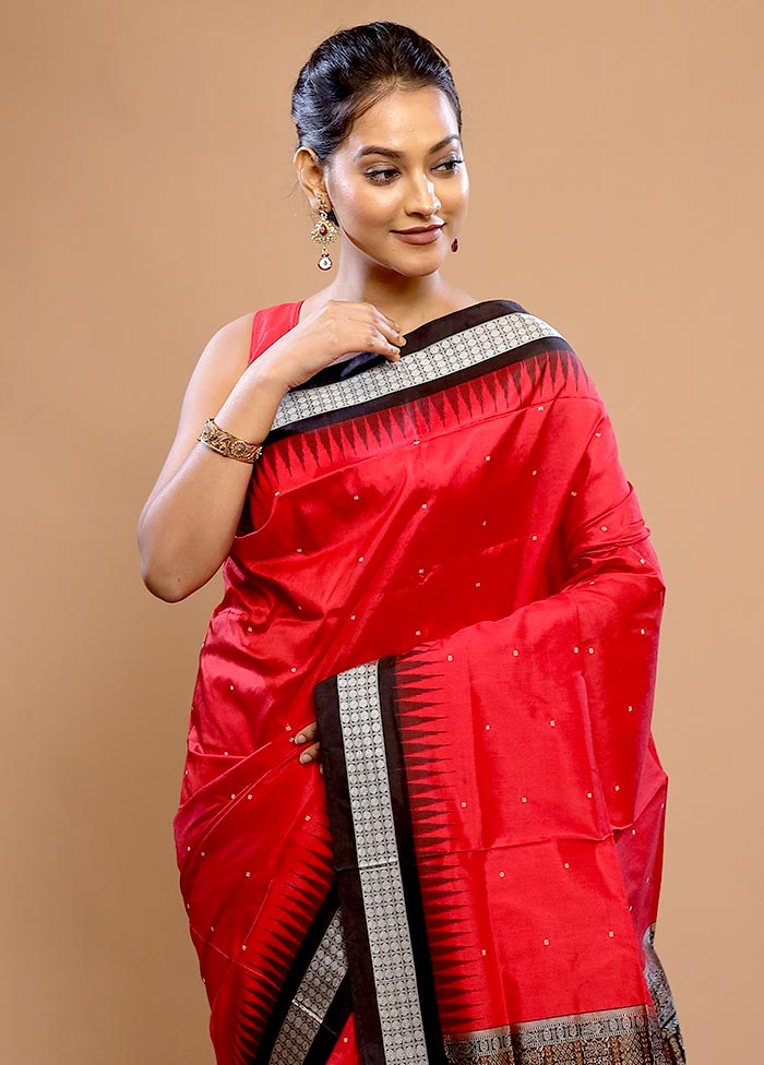 Red Handloom Bomkai Pure Silk Saree With Blouse Piece