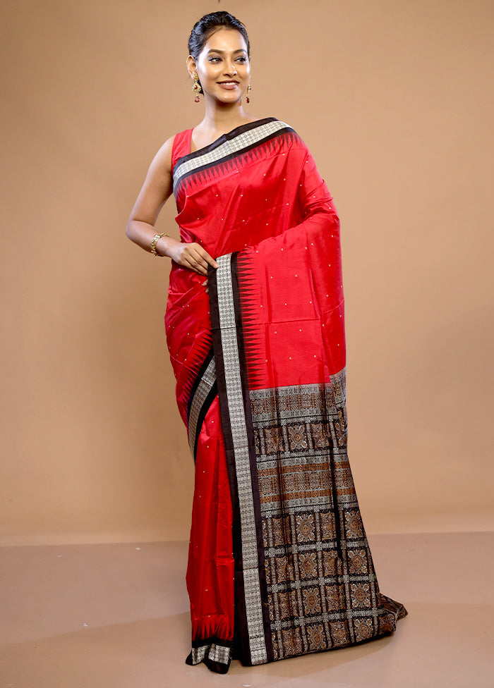 Red Handloom Bomkai Pure Silk Saree With Blouse Piece