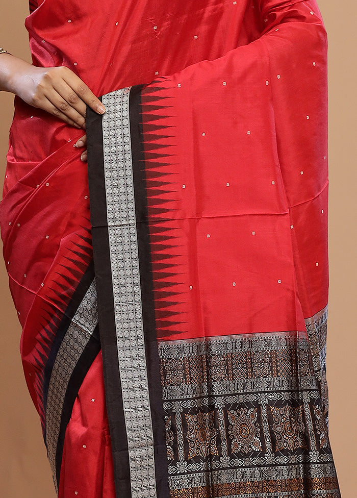 Red Handloom Bomkai Pure Silk Saree With Blouse Piece