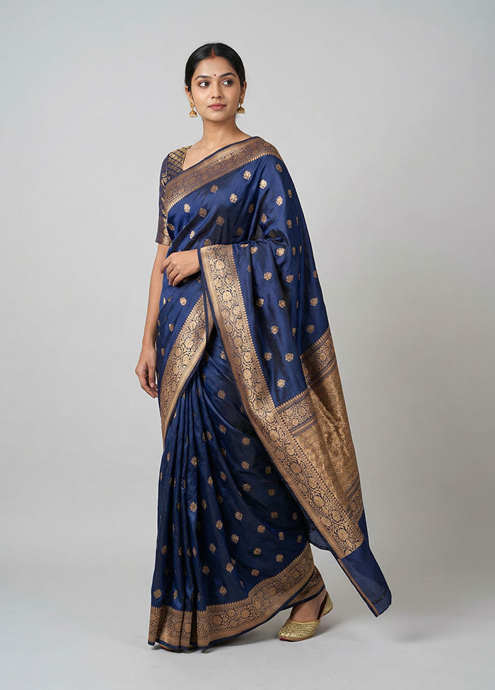 Blue Handloom Katan Pure Silk Saree With Blouse Piece
