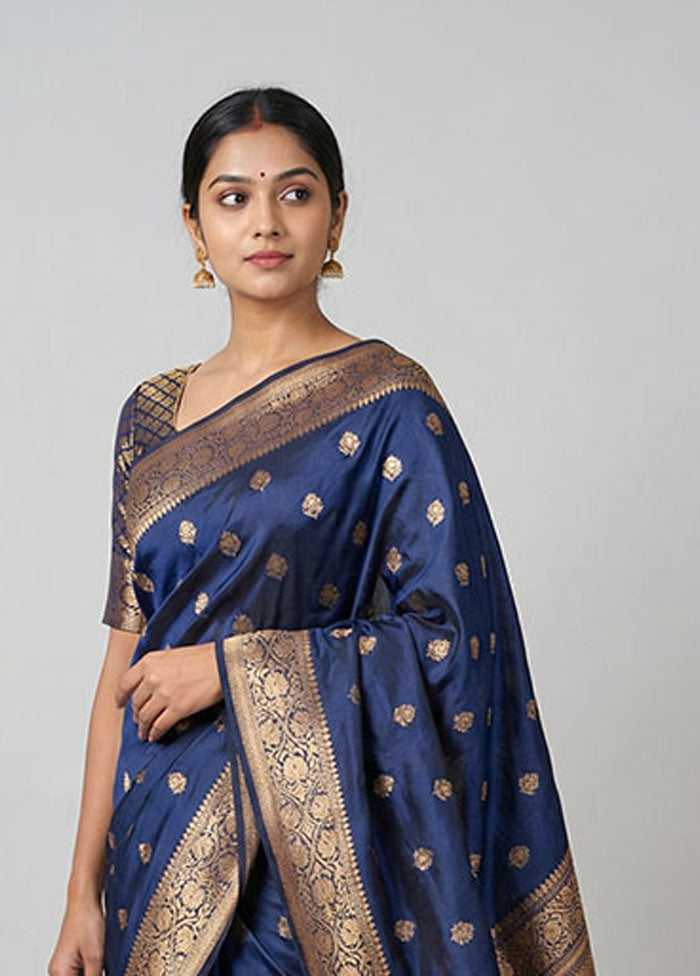 Blue Handloom Katan Pure Silk Saree With Blouse Piece