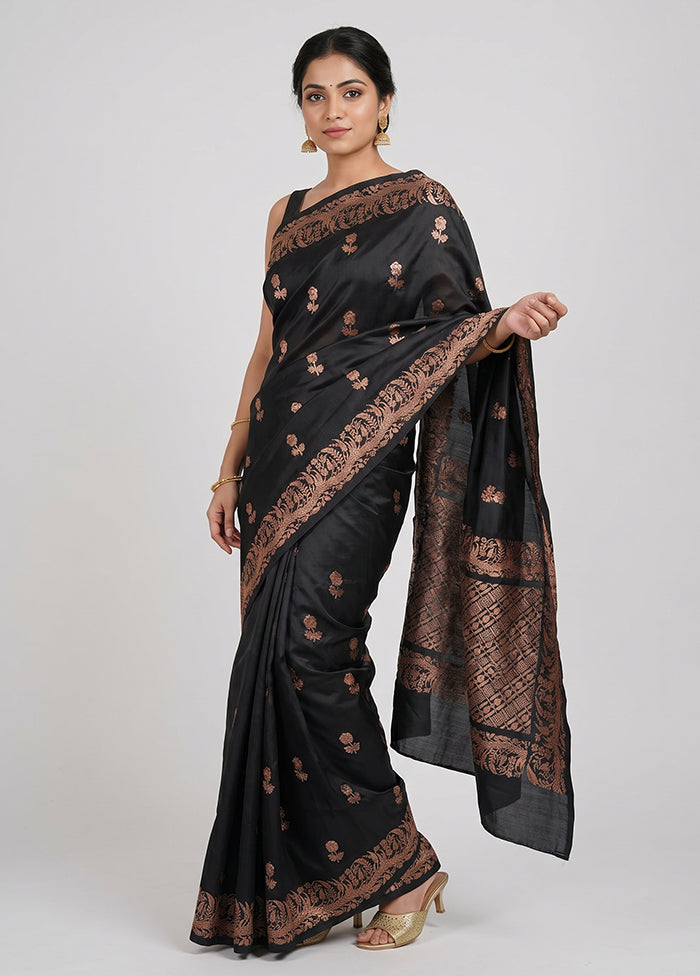 Black Handloom Katan Pure Silk Saree With Blouse Piece