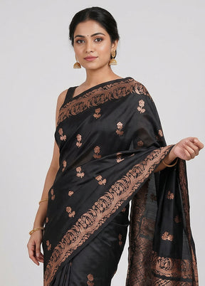 Black Handloom Katan Pure Silk Saree With Blouse Piece