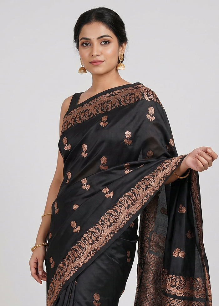 Black Handloom Katan Pure Silk Saree With Blouse Piece
