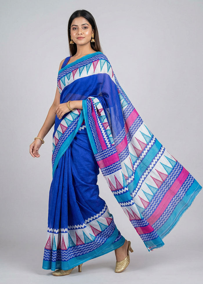 Blue Printed Silk Saree Without Blouse Piece