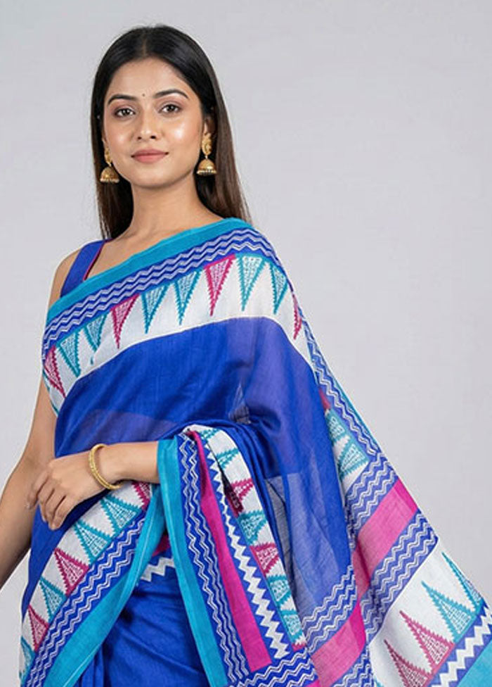 Blue Printed Silk Saree Without Blouse Piece