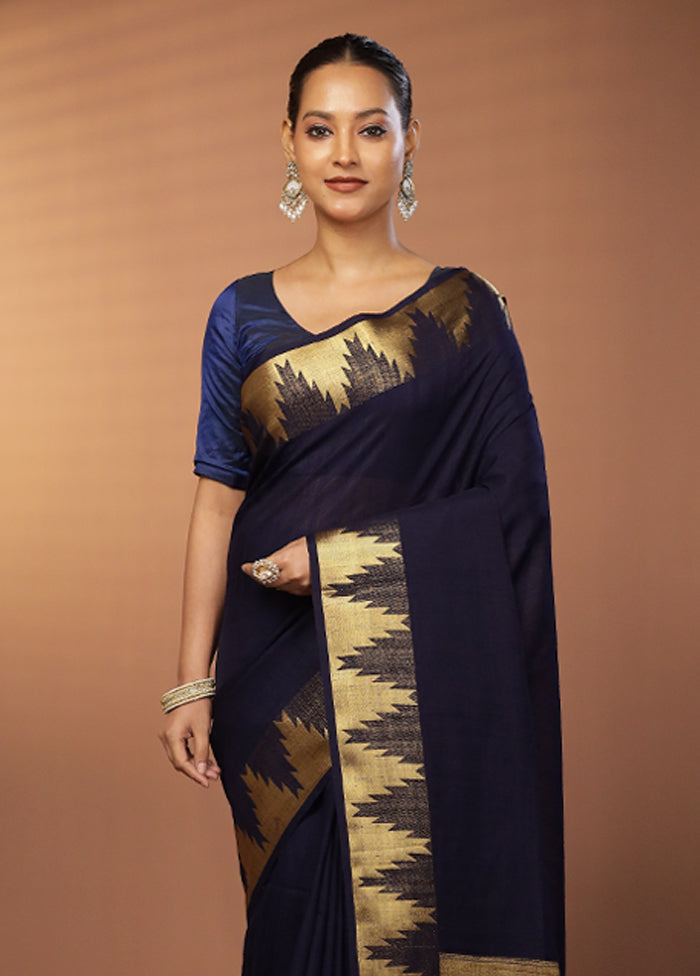 Blue Dupion Silk Saree With Blouse Piece